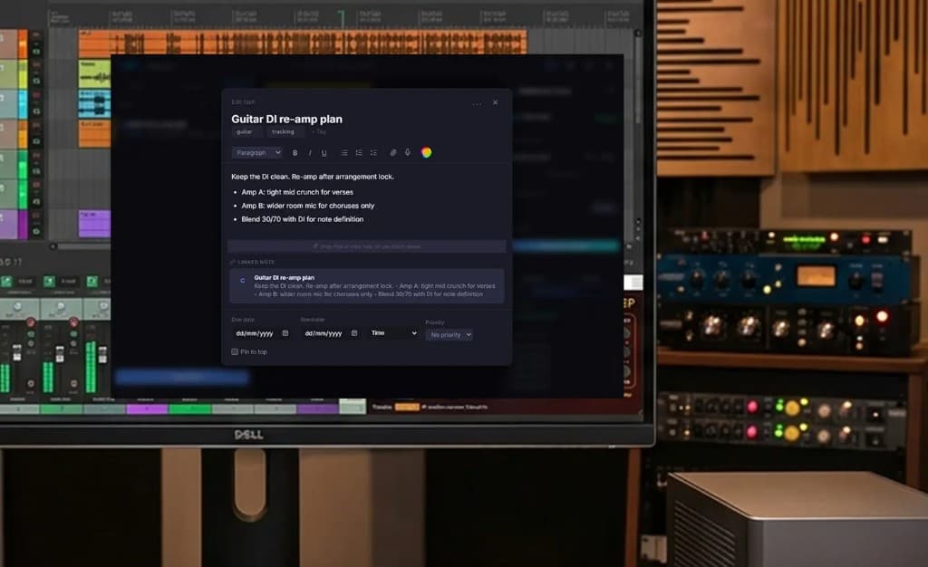 MixMemora task editor in a studio session